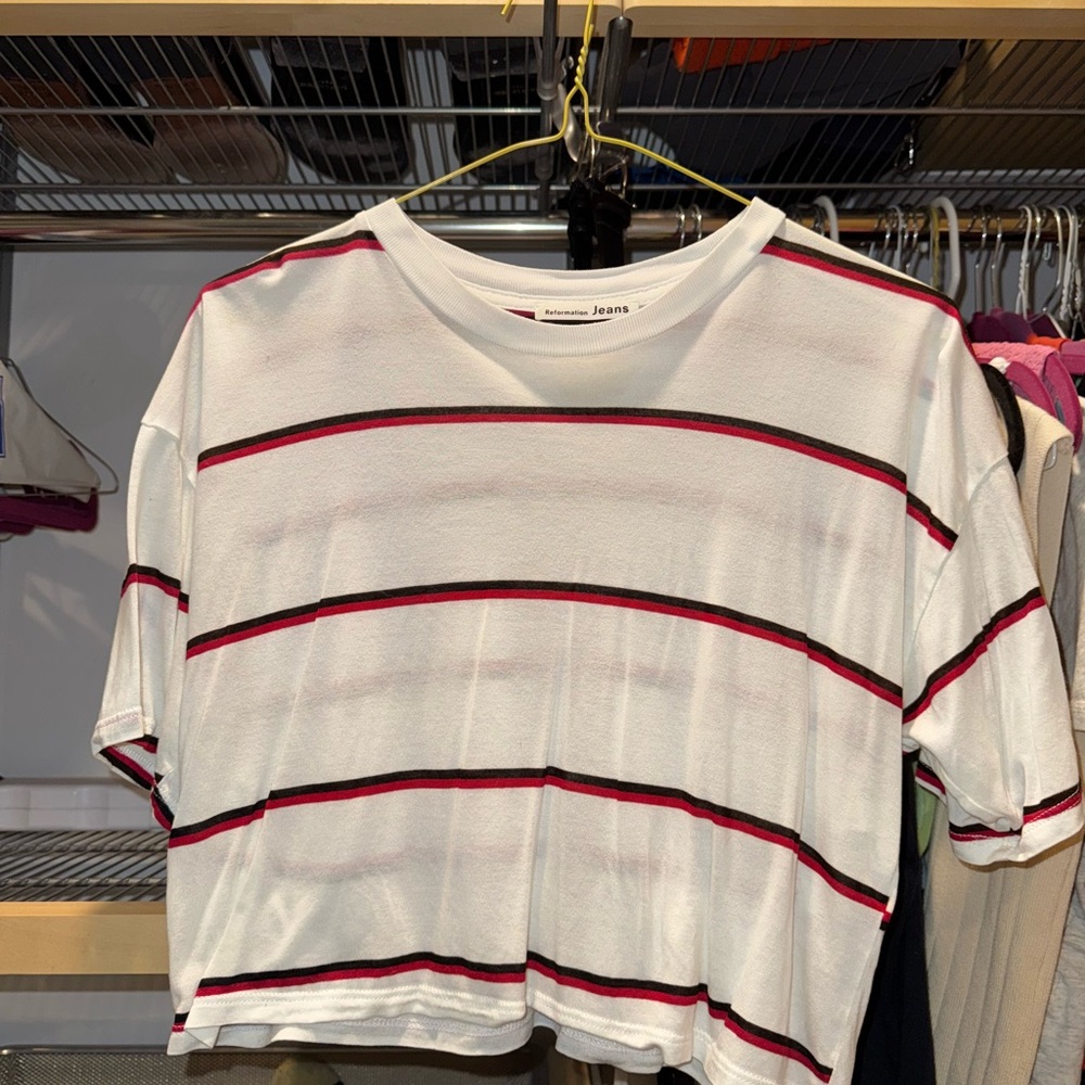 Reformation White Tee with Red and Black Stripes